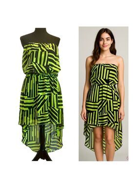 Renee C lime green black strapless High-low geometric striped pattern dress Sz L